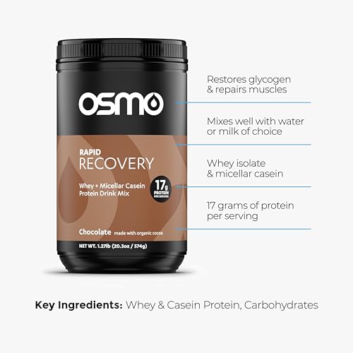 Image of Osmo Rapid Recovery - Whey & Micellar Casein Protein Powder Blend with Carbohydrates & Caffeine, All Natural Ingredients, Enables Muscle Repair & Boosts Glycogen Restoration - Chocolate, 14 Servings