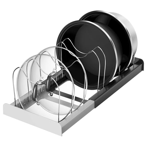 Tarvixil Organizer Cassetti, Porta Coperchi Pentole, Organizzatore Estensibile per Padelle, Portacoperchi da Cucina, Organizzazione Poggia Coperchio, Supporto da Cassetto, con 6 Scomparti Regolabili