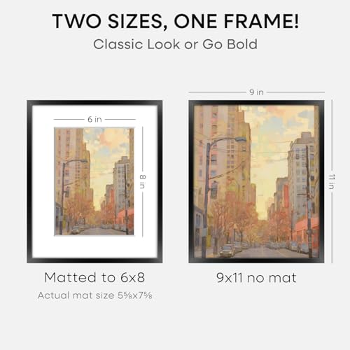 Image of Homeforia 9x11 Black Picture Frame, High-End Metal, 6x8 Mat, Glass | High End Aluminum, Tempered Glass, Acid-Free 6x8 Removable Mat, 9x11 in Edge-to-Edge Display 11x9, Wall Kit, Set Of 3