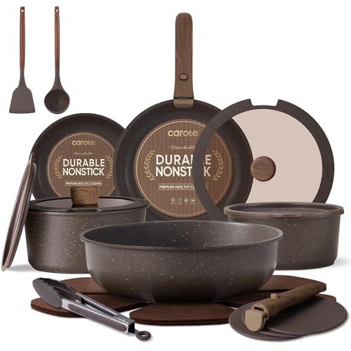 CAROTE 21PCS Pots and Pans Set Non Stick with Detachable Handle, Nonstick Cookware Sets, Cooking Kitchen Set, Oven/Dishwasher Safe, Induction Cookware, Brown, RV Kitchen Pot and Pan