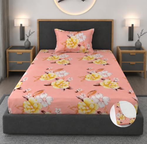 Image of Vaini Premium Heavy Cotton Elastic Fitted Bedsheets with 1 King Size Pillow Covers || Single Bed with All Around Elastic 350 TC || 36 x 78 x 6 Inch Single Size Fitted || :- Baby Pink Flower