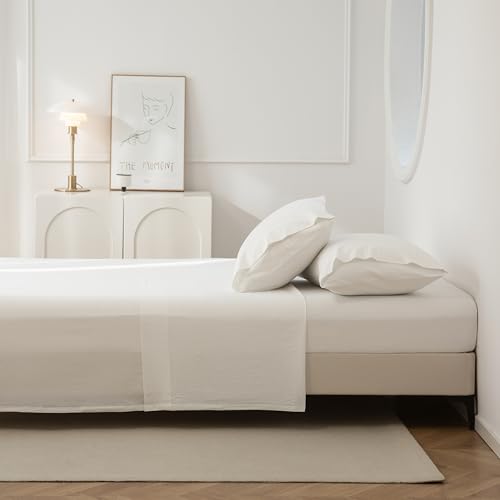 JIYUAN Full Size Sheet Set, 4-Piece - 100% Washed Cotton, Linen-Like Soft & Breathable, Includes Deep Pocket Fitted & Flat Sheet with 2 Pillowcases, Hotel Quality, Solid Off White — view 6