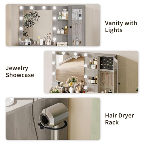 Image of Vanity Desk with Mirror and Lights, Grey Makeup Vanity with 5 Drawers Hidden Jewelry Organizer& LED Glass Cabinet,3 Light Mode and Brightness Adjusted,Vanities Mirror with Lights Desk and Chair