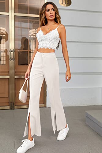 Ermonn Womens Casual Wide Leg High Waisted Button Down Straight Long Trousers Pants White #TOP1