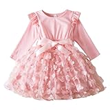 Generisch Robe florale à manches longues avec volants et nœuds en maille pour tout-petits et filles - Mode festive tendance, Rose, 3-4 ans