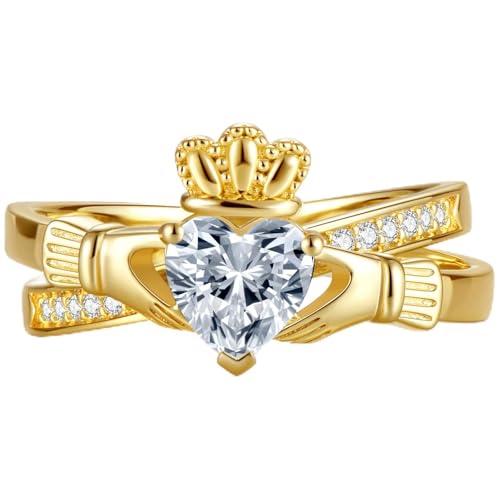 Gold Claddagh Ring for Women 14K Gold Plated Irish Promise Ring with Heart CZ Non Tarnish Love Loyalty Friendship Ring Anniversary Birthday Gift for Mom Wife Size 8