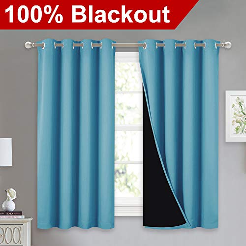 Image of NICETOWN 100% Blackout Curtains with Black Liners, Thermal Insulated Full Blackout 2-Layer Lined Drapes, Energy Efficiency Window Draperies for Boy's Room (Teal Blue, 2 Panels, 52-inch W by 54-inch L)