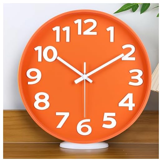 45MinST 12-Inch Modern Indoor Outdoor Wall Clock, Minimalist Orange Design, Silent Non-Ticking, Large Numbers, Perfect Decorative Accent for Home or Office (Orange)