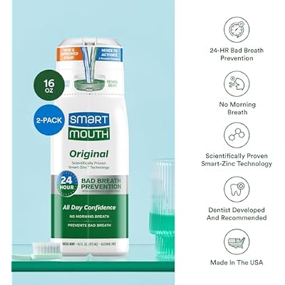 غسول الفم SmartMouth Original Zinc Activated - غسول فم فوري منعش - يزيل الروائح الكريهة ورائحة الفم الكريهة - خالٍ من الكحول والسكر والغلوتين - نعناع طازج - 16 أونصة سائلة (عبوة من قطعتين)