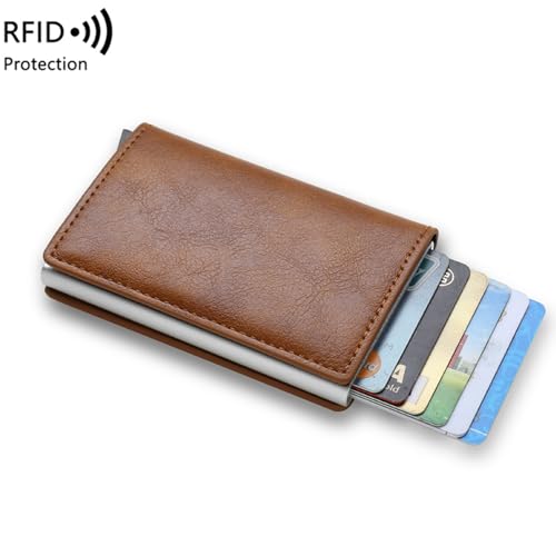 EDGE Men’s Ultra Metal RFID Blocking Real Carbon Fiber Pop up Card Wallet Minimalist Aluminium Credit Debit Card Money Holder Brown4