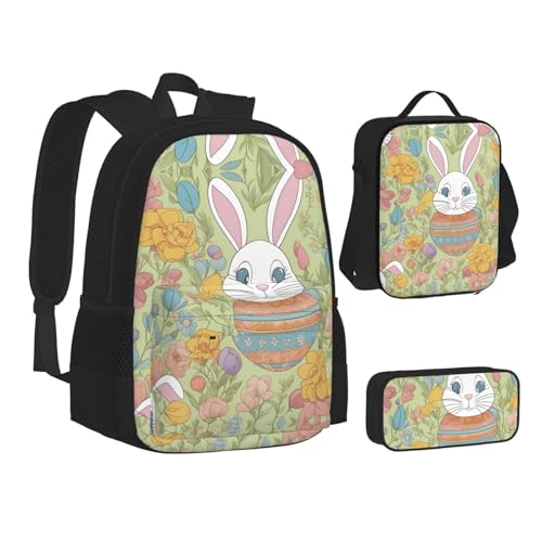 Easter Bunny Floral Print 3-Piece Set Backpack, Lunch Bag And Pencil Case, For Travel, College, And Daily Use2