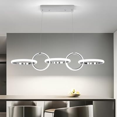 Chrome Modern LED Chandelier with Remote Control, 66W Dimmable 3000-6000K LED Pendant Light Kitchen Island, Silver 5 Rings Light Fixtures Hanging for Dining Room Over Table, Kitchen Island, Bar, 38in