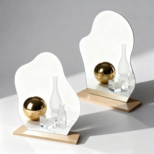 FINELYCR 2 Pièces Miroir, Forme Irrégulière Acrylique Maquillage sans Cadre, Miroir Organique avec Base en Bois pour Chambre à Coucher, Hôtel