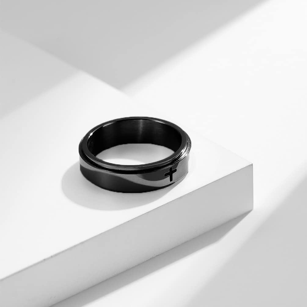 OIDIMS Minimalist Cross Christian Jesus Christ Lord Prayer Rotating Stress Relief Spinner Fidget Band Rings for Men Women Anxiety Finger Rotate Stainless Steel Fashion Cool Ring Birthday Gifts