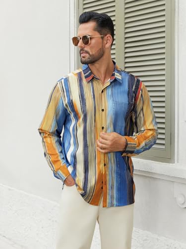 Hardaddy Men's Hawaiian Shirt Long Sleeve Striped Beach Casual Button Down Shirts with Pocket3