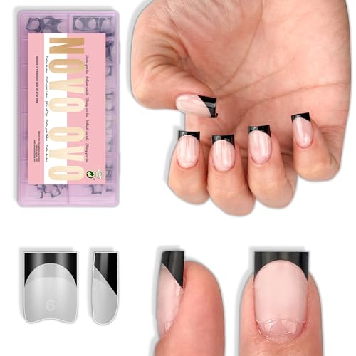NOVO OVO Black French Tip Half Cover Short Sharp Square False Nail Tips, Shallow Paste Matte Round-Square Pasting Zone for Soft Gel Acrylic Extension, Unisex Wide Press on Fake Nails 16 Sizes 224 Pcs