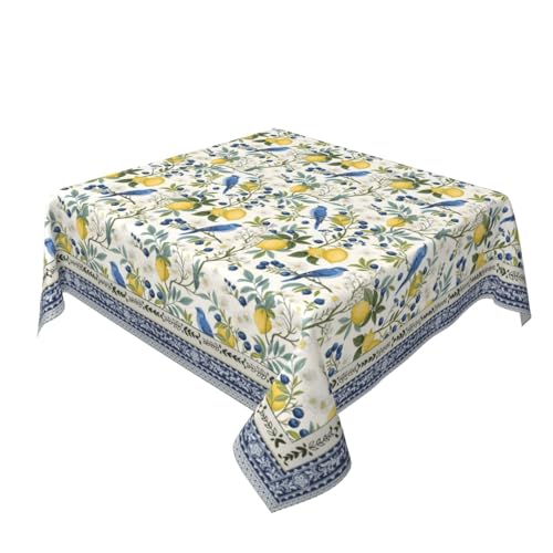 Chinoiserie Tablecloths Blue Floral Bird Square Tablecloth 60x60 Inch Vintage Yellow Lemon Table Cloth Decoration Toile Table Cover Indoor and Outdoor Dinging Polyester Table Home Party Decor