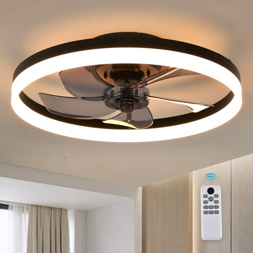 Leoezya - Ventilador de techo con luz de 50 cm, diseño moderno sin aspas, control remoto de 3 velocidades y 3 temperaturas de color, motor silencioso reversible para dormitorio y sala de estar (Negro)