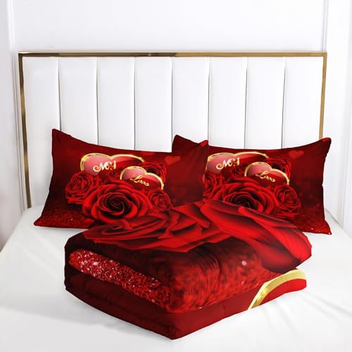 Image of AILONEN Red Rose Comforter Set Queen Size,Romantic Hearts Couple Love Bedding Set,3D Rose Floral Bedding Queen Comforter Set Glitter Bed in a Bag 3 Pieces, 1 Quilt and 2 Pillowcases