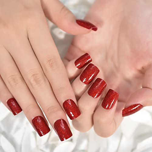 Coolnail Short Wine Red Press On False Nails Squoval Glitter Glue On Nails Diy Manicure Reusable Uv Gel Cover Fake Acrylic Nail Art Tips #TOP3