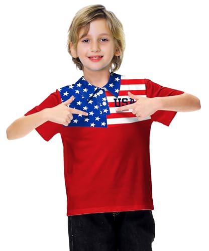 Image of AOBUTE Kids 4th of July Polo American Flag Short Sleeve Button Down Shirts Tops 3-14 Years