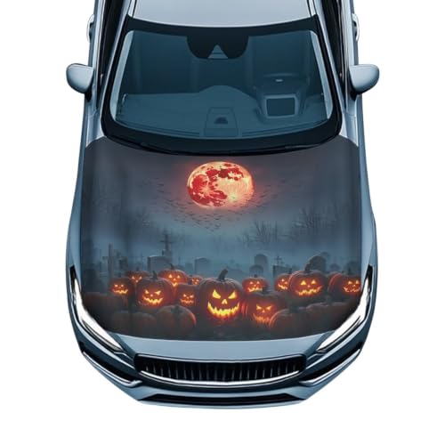 Image of Fire Moon Pumpkins Car Hood Cover Slip-On Washable Elastic Weatherproof Fabric Elastic Band Fixation Fits Most Cars