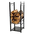 Sunnydaze Outdoor Firewood Log Rack with Tool Holder Hooks - Powder-Coated Steel Space-Saving Design - Black
