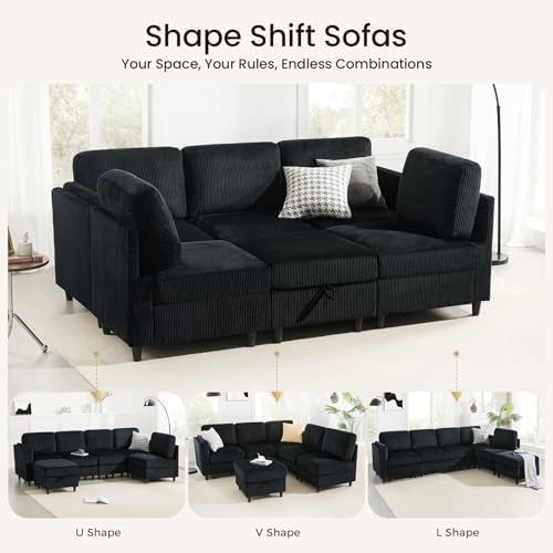 KKL Modular Sectional Sofa Bed - Sofa Couch with Storage Ottoman, Convertible L/U-Shaped Sleeper Couch for Living Room, Modern Reversible Design, Black - Thumbnail 2