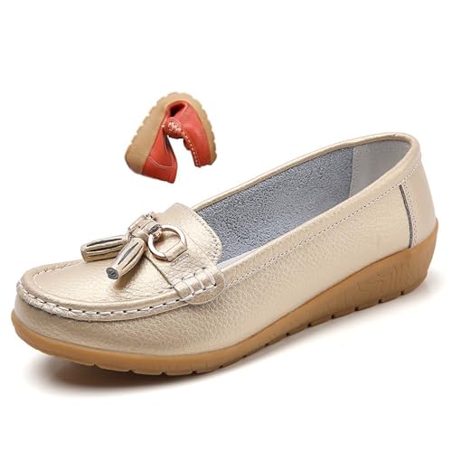 Mocasines ortopédicos de cuero para mujer, mocasines clásicos con suela de goma antideslizante, informales, de caña baja, sin cierre, ideales para oficina, viajes, conducción, dorado, 38 EU