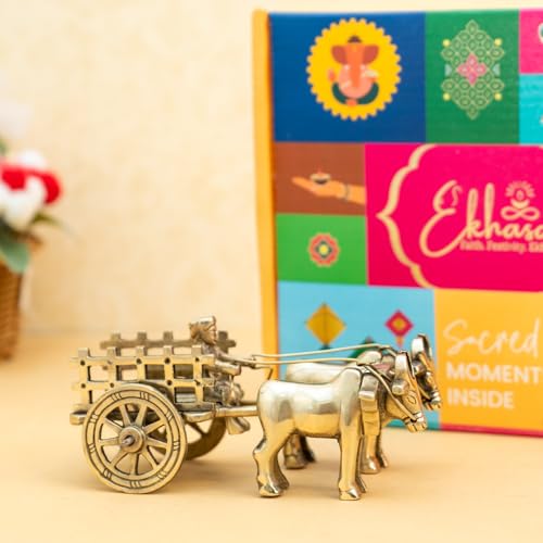 Image of Ekhasa 100% Pure Brass Bullock Cart with Gift Box | Decorative Showpiece for Home Decor New Home Item | Indian Souvenir Gift for Foreigners Housewarming Grah Pravesh Wedding Diwali Gift