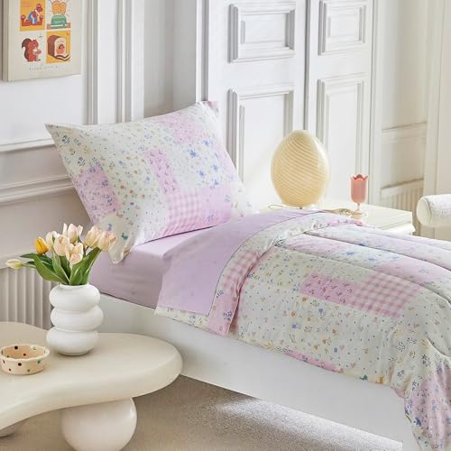 Image of Joyreap 4 Piece Cotton Toddler Bedding Set- Purplish Pink Floral Patchwork Design, Toddler Comforter Set for Girls, Includes Quilted Comforter, Fitted Sheet, Top Sheet, and Pillow Case