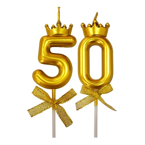 Image of 2 Pc 50 Number Candle for Birthday Cake Metallic 50th Birthday Cake Decoration Fifty Candle with Crown on Top Cake Topper 0-9 Number Candles for Anniversary (Pack of 2, Gold)