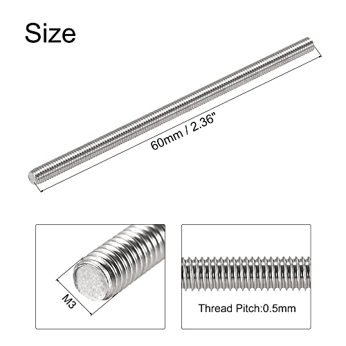 sourcing map 5 Stück Vollgewindestange M3 x 60mm 304 Edelstahl Rechtsgewinde M3-0.5 Gewindesteigung