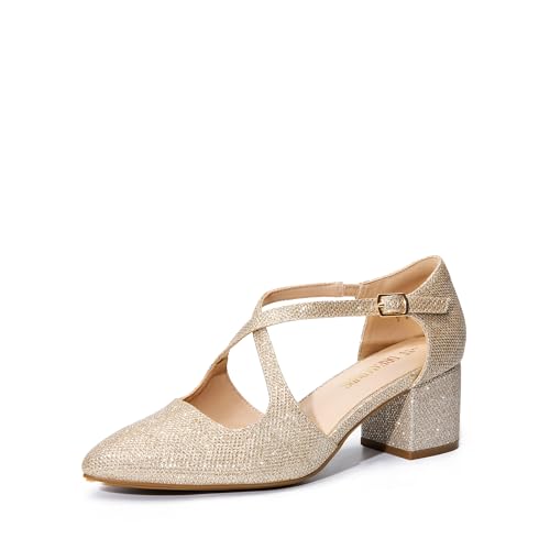 DREAM PAIRS Women's Chunky Heels Dress Pumps Closed Pointed Toe Comfort Cross Strap Block Heel Shoes for Party Dance Wedding 10 Gold-glitter