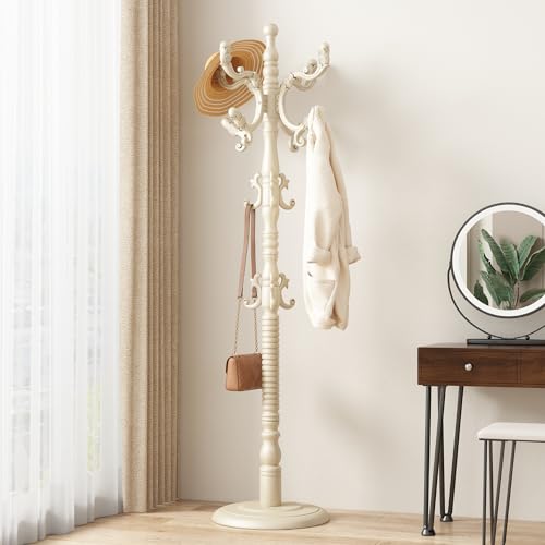GAMNOF Wood Coat Rack Stand Wooden Coat Rack Freestanding Hall Coat Tree with Sturdy Round Base and 14 Hooks for Hats Bags Purses Vintage Coat Tree Hanger Stand for Entryway Hallway Bedroom White