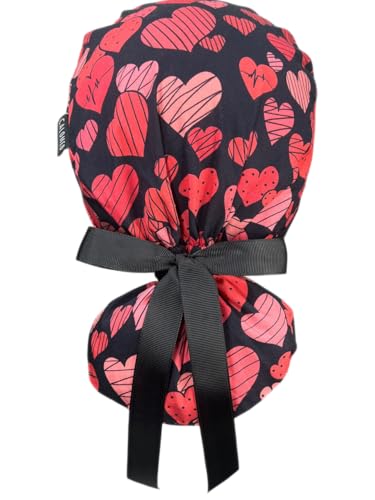 Image of Scrub Cap for Women and Men, Ponytail Scrub Caps, Working Hat, Head Cover with Ribbon Ties and Buttons, Long Hair