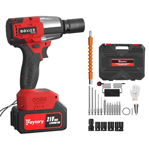 21V Cordless Impact Wrench 1/2 inch, Impact Gun Brushless High Torque Wrench Kit 550N.m, Battery Impact Driver with Fast Charger LED Light 4 Sockets & 12 Drill Accessories - Red