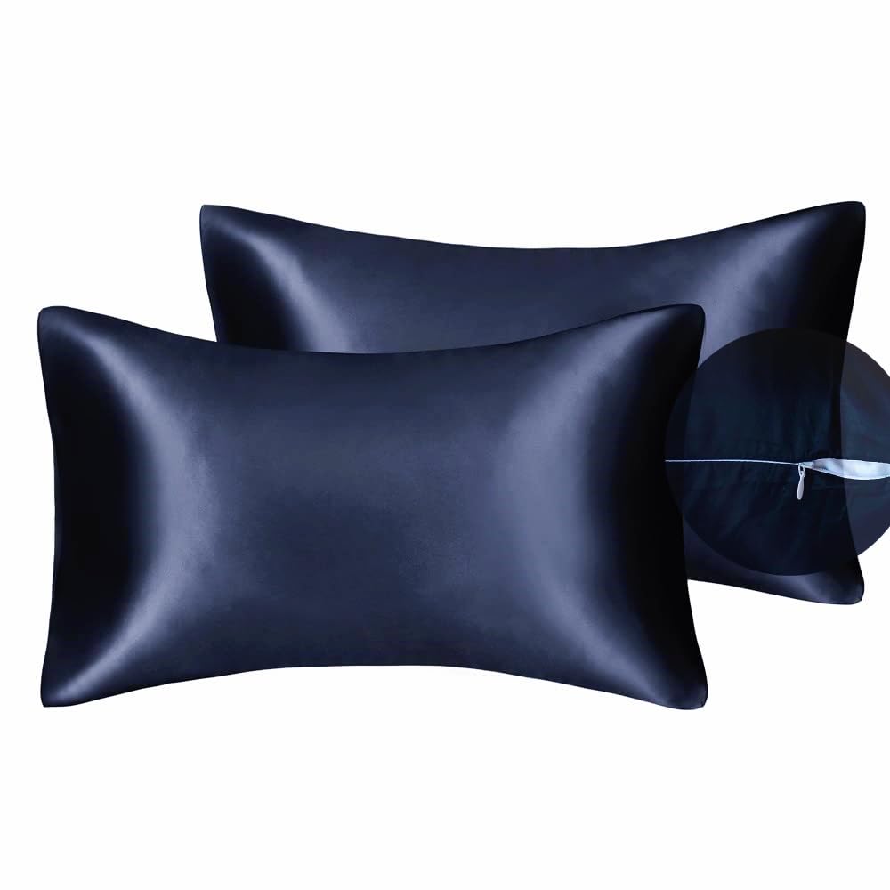 100% Silky Satin Charmeuse Silk Pillowcase Pack of 2 for Hair and Skin (Standard, Navy)