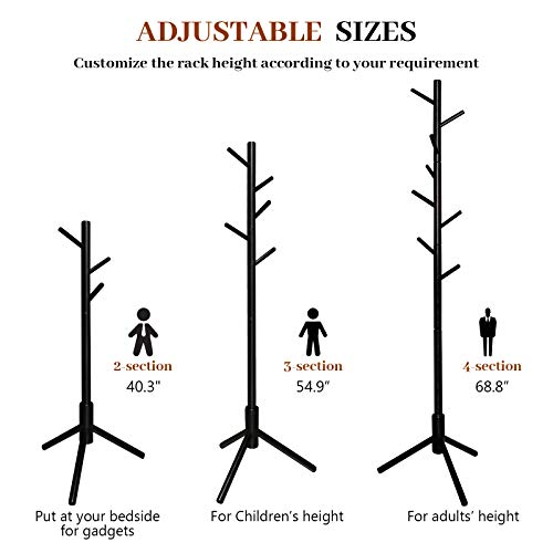 Dadill Wooden Tree Coat Rack With 3 Adjustable Sizes, 8 Hooks, Easy Assembly Free Standing Solid Coat Hanger Stand For Clothes, Garment, Hats, Umbrellas, Scarves In Hallway, Entryway, Black #TOP2