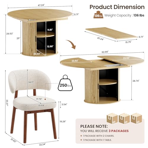 Image of MALOL 47 inch-63 inch Extendable Round to Oval Dining Table Chairs Set for 4-8, Modern Wooden Kitchen Table and Chairs with Hidden Storage and Fluted Design for Dining Room /Small Space(Natural Wood and Beige)