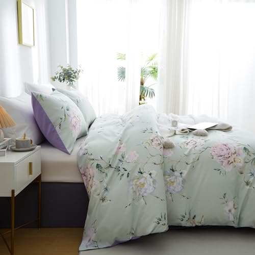 Image of BOLINLIVING Floral Duvet Cover Full Size 3 Pieces, Flower Duvet Cover with 2 Pillow Shams, Soft Floral Bedding Set Sage Green and Purple for All Season, Breathable, Zipper Closure