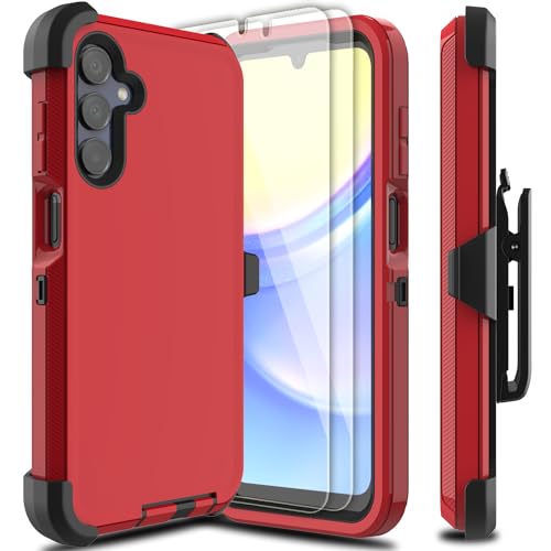 for Samsung Galaxy A15 5G Case with 2 Pack Tempered Glass Screen Protector, [Holster Series] Belt Clip Hard Tough Heavy Duty Rugged Shockproof Protective Cell Phone Cover (Red)