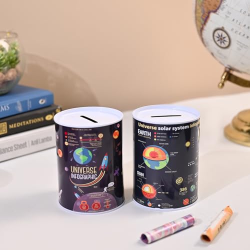 Image of Market99 Money Bank Set of 2 | Black Round Tin Coin Banks with Glossy Finish & Solar System Design | Stylish Piggy Banks for Kids & Adults | Ideal for Saving Coins at Home, Desk & Gifting Use