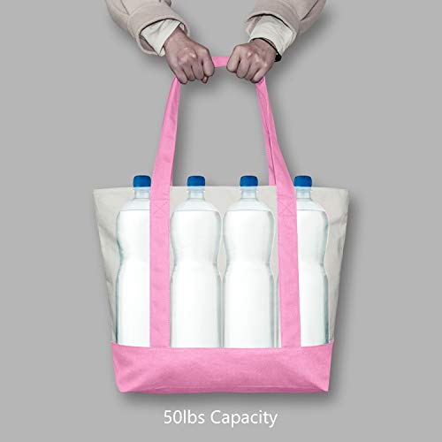 Image of TOPDesign 1-Pack Canvas Tote Bag with an External Pocket, Reusable Grocery Shopping Bag, Top Zipper Closure, Daily Essentials (Pink /Natural)