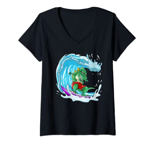 Donna Carino Dinosaur Surf | Divertente Dino Lover Beach Surfer Regali Maglietta con Collo a V