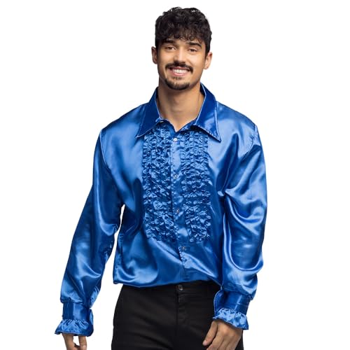 Boland - Camisa Disco con volantes, azul, para hombre, disfraz, camisa de fiesta, movimiento Schlager, años 70, fiesta temática, carnaval