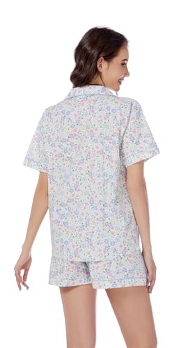 Image of LUBOT 100% Cotton Pajamas for Women 2 Piece PJ Set Poplin Woven Lightweight Ladies Button Short Sleeve Sleepwear S-XXL