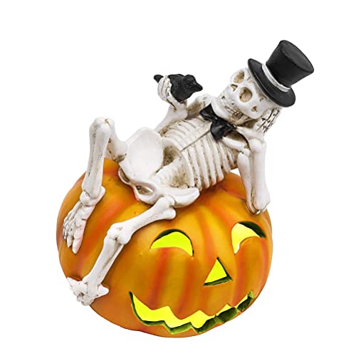 Lámpara de calabaza de Halloween con forma de esqueleto de calabaza, color calabaza, linternas de resina, luces de Halloween, funciona con pilas, para decoraciones de Halloween Cover