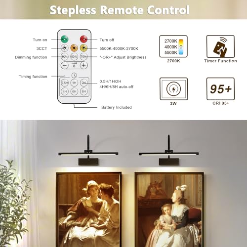 JOOSENLUX Wireless Picture Light - Battery Operated Black Wall Light with Remote Control - Dimmable Timer - 15.94” Display - Flexible Neck Swing Arm - Art Gallery Light - image 6