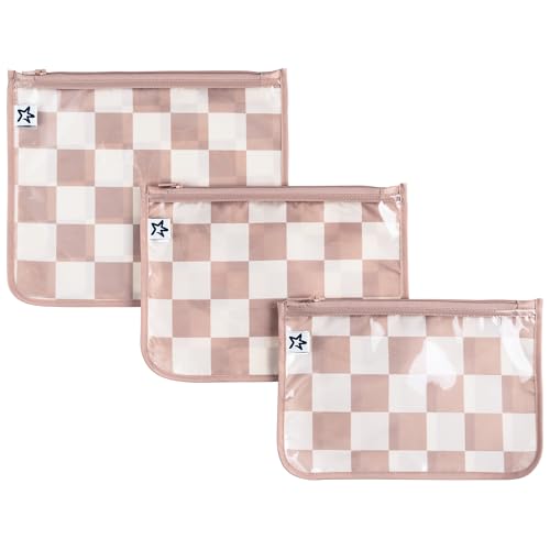 Tiny Twinkle Diaper Bag Organizing Pouches | 3 Pack Mess-Proof Clear Front Travel Organizer Bags & TSA Approved Toiletry Bag Set for Baby and Mom Essentials (Beige Checkers)
